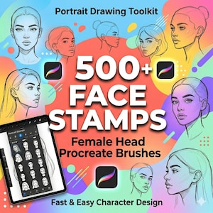 May include: An advertisement for a digital portrait drawing toolkit. The image shows stylized female faces, the text "500+ FACE STAMPS", and the words "Female Head Procreate Brushes" and "Fast & Easy Character Design". A tablet displays face stamp examples.