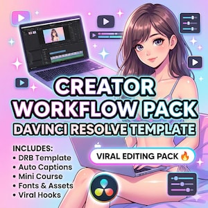 Puede incluir: Imagen de arte digital que promociona una plantilla de DaVinci Resolve. La imagen presenta una computadora portátil que muestra un software de edición de video, rodeada de gráficos y texto que dice "CREATOR WORKFLOW PACK" y "VIRAL EDITING PACK". Una mujer también aparece en la imagen.