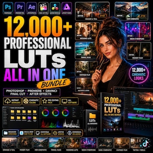 Puede incluir: Anuncio de un paquete de LUTs profesionales, con una mujer sosteniendo una tableta. El texto dice "12.000+ LUTs profesionales todo en uno" con opciones para Photoshop, Premiere y más. Incluye looks cinematográficos y descarga instantánea.