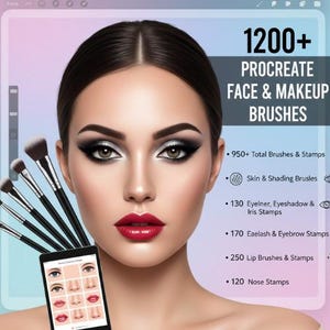 May include: A woman with dramatic makeup is featured, holding makeup brushes and a tablet displaying face charts. The image promotes 1200+ Procreate face and makeup brushes, including stamps for skin, eyes, lips, and nose.