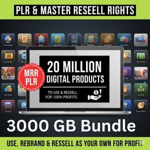 May include: An advertisement for a digital product bundle. The image shows a laptop screen with the text "20 MILLION DIGITAL PRODUCTS" and "3000 GB Bundle." The text also includes "PLR & MASTER RESELL RIGHTS" and "USE, REBRAND & RESELL AS YOUR OWN FOR PROFIT."