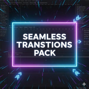 May include: A digital graphic with the words "SEAMLESS TRANSITIONS PACK" in bold white letters, framed by a glowing neon blue and pink rectangle. The background is dark with streaks of blue and purple light.