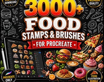 3000+ Food Stamps & Brushes for Procreate | Pizza, Burger, Bakery, Dessert, Coffee, Fruit, Kitchen, Kawaii Food Bundle