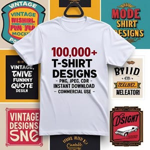 Puede incluir: Una camiseta blanca con el texto "100,000+ T-SHIRT DESIGNS" en rojo y negro. La camiseta está colgada de una percha negra. Alrededor de la camiseta hay varios gráficos de diseño vintage.