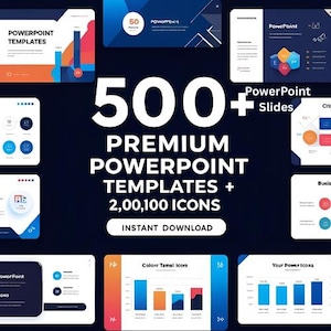 Puede incluir: Un gráfico azul oscuro con el texto "500+ Plantillas Premium de PowerPoint + 2,00,100 Iconos" en blanco. La imagen incluye varios diseños de diapositivas de PowerPoint en azul, naranja y blanco, con las palabras "Plantillas de PowerPoint" en la parte superior.