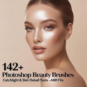 May include: A portrait of a woman with radiant skin and professional makeup. The image includes the text "142+ Photoshop Beauty Brushes Catchlight & Skin Detail Tools - ABR File". The woman has a neutral expression and is looking towards the viewer.