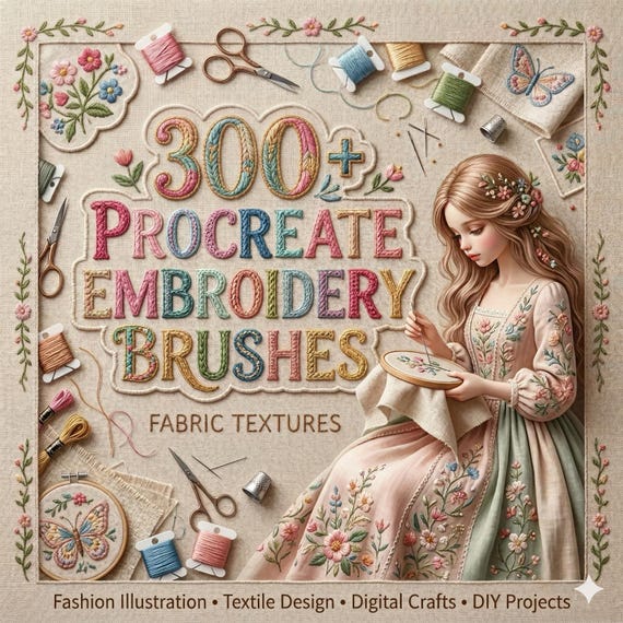 300+ Procreate  Embroidery Brushes ,Stitch  & Fabric Texture Bundle, Fashion Design Sewing Brushes, Textile Illustration Kit