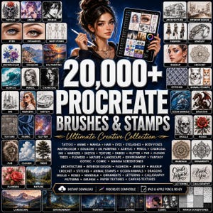May include: A digital collection of 20,000+ Procreate brushes and stamps featuring a wide variety of artistic categories including tattoo, anime, manga, watercolor, oil painting, architecture, fashion, jewelry, makeup, crochet, and various nature themes.
