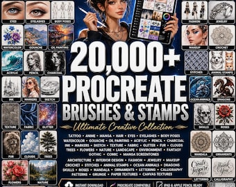 20,000+ Procreate Brushes & Stamps Mega Bundle | Tattoo, Anime, Manga, Watercolor, Texture, Fashion, Nature, Lettering, Fantasy Brushes