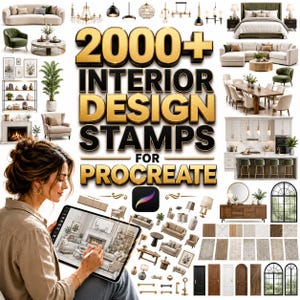 May include: A digital collection of 2000+ interior design stamps for Procreate featuring various furniture items like sofas, chairs, tables, lighting fixtures, doors, and windows, displayed alongside a person using a tablet to draw.