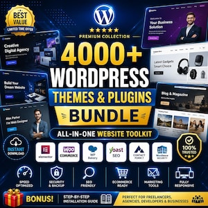 May include: A digital promotional graphic for a 4000+ WordPress themes and plugins bundle. The design features a dark blue background with gold accents, showcasing website templates, software logos like Elementor and WooCommerce, and icons.