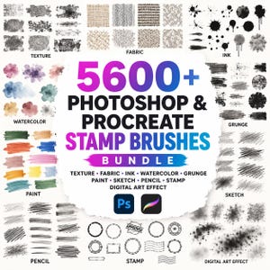 5600+ Photoshop & Procreate Stempelpinsel-Bundle | Textur, Stoff, Tinte, Aquarell, Grunge, Farbe, Skizze, Bleistift, Stempel Pinsel