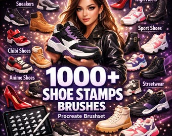 Zestaw ponad 1000 stempli do butów Procreate | Zestaw pędzli premium do mody | Trampki, szpilki i buty designerskie | Minimalistyczne narzędzia do Procreate