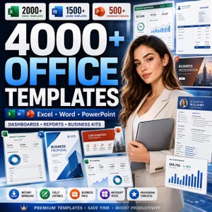 May include: A promotional image showcasing 4000+ office templates for Excel, Word, and PowerPoint. The image features a woman holding a tablet, surrounded by examples of dashboards, reports, business kits, and presentation templates. The text includes "Premium Templates" and "Boost Productivity."