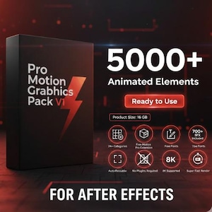 May include: A black box with the text "Pro Motion Graphics Pack V1" and a red lightning bolt graphic. The image also includes the text "5000+ Animated Elements" and "Ready to Use". Additional icons and text indicate features like 24+ categories and 8K support.