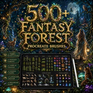 May include: A digital collection of 500+ Fantasy Forest Procreate brushes displayed on a tablet screen with a stylus. The interface shows categories including trees, foliage, grass, plants, flowers, mushrooms, animal stamps, and magical elements.