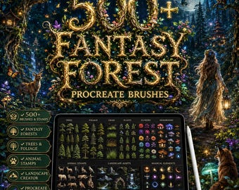 Pacchetto di oltre 500 pennelli e timbri forestali per Procreate / Creatore di boschi fantastici, alberi, fogliame, erba, animali, strumenti per paesaggi