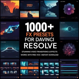 Könnte beinhalten: Werbebild mit schwarzem Hintergrund, das verschiedene digitale Kunsttafeln zeigt. Der zentrale Text lautet "1000+ FX PRESETS FOR DAVINCI RESOLVE." Zusätzlicher Text hebt "STUNNING VIDEO TRANSITIONS & EFFECTS" und "WORKS WITH FREE €10-INSTANT DOWNLOAD" hervor.