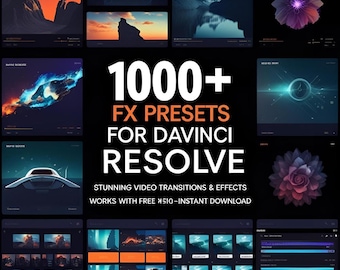 Pacchetto di oltre 1000 preset FX per DaVinci Resolve: oltre 1000 preset di transizioni, effetti video, titoli, sovrapposizioni ed effetti sonori