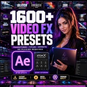 Puede incluir: Imagen promocional para software de edición de vídeo. Una mujer sostiene una tableta con el texto «CREATE WITHOUT LIMITS». La imagen anuncia «1600+ VIDEO FX PRESETS» con iconos de transiciones, títulos y efectos.