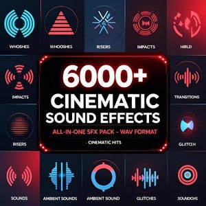 Puede incluir: Gráfico promocional para un paquete de efectos de sonido. La imagen presenta una cuadrícula de iconos estilizados en rojo y azul, con etiquetas de texto como "Whooshes", "Impacts" y "Transitions". El texto central dice "6000+ Cinematic Sound Effects."