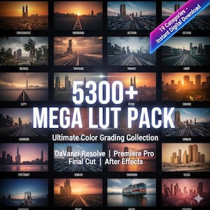 May include: An advertisement for a "MEGA LUT PACK" with over 5300 colour grading presets. The image displays a grid of thumbnails featuring cityscapes, roads, and themes such as "Wedding," "Action," and "Fashion." Includes text: "Instant Digital Download."