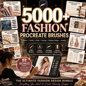 May include: A digital collection of 5000+ fashion Procreate brushes featuring fabric, denim, knit, crochet, leather, sewing, stitch, and textile patterns. The bundle includes fashion illustration and clothing design tools for digital artists.