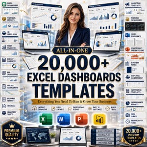 Paquete de más de 20 000 plantillas de Excel para paneles de control y Office / Finanzas, RRHH, Ventas, KPI, Power BI, Word, Ppt