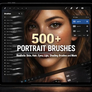 Puede incluir: Interfaz de software de arte digital en tableta, mostrando pinceles de retrato. La pantalla muestra un primer plano del rostro de una mujer, con el texto "500+ PORTRAIT BRUSHES" y "Realistic Skin, Hair, Eyes, Lips, Shading Brushes and More."