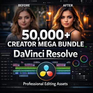 Puede incluir: Imagen que muestra una comparación de "ANTES" y "DESPUÉS" de un retrato de mujer, destacando las capacidades de edición de fotos. El texto dice "50,000+ CREATOR MEGA BUNDLE DaVinci Resolve" y "Professional Editing Assets". Interfaz de DaVinci Resolve visible.