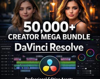 Paquete Mega de DaVinci Resolve con más de 50 000 elementos: gráficos en movimiento, LUT, transiciones, superposiciones de efectos de sonido, títulos y recursos de edición profesional.