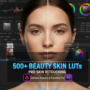 Może przedstawiać: Obraz podzielony na dwie części, przedstawiający twarz kobiety przed i po retuszu cyfrowym. Nakładka tekstowa: "500+ BEAUTY SKIN LUTS" i "PRO SKIN RETOUCHING", z logo DaVinci Resolve i Premiere Pro.