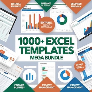 Op de afbeelding: Een promotieafbeelding voor een Excel-templates mega bundle. De afbeelding toont verschillende grafieken en spreadsheets, met de tekst "1000+ EXCEL TEMPLATES MEGA BUNDLE". De afbeelding bevat ook de tekst "EDITABLE, INSTANT DOWNLOAD" en "BEGINNER FRIENDLY".