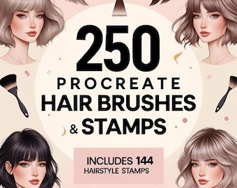 Mais de 250 pincéis e carimbos de cabelo para Procreate | 144 carimbos de penteados + 16 pincéis realistas | Manequins de cabelo, tutoriais, paleta de cores, carimbos de cabelo