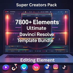 Könnte beinhalten: Ein Laptop, der eine Videoschnittstelle mit dem Text "7800+ Elements Ultimate Davinci Resolve Template Bundle" anzeigt. Der Bildschirm ist mit Neonfarben beleuchtet. Social-Media-Symbole befinden sich darunter.