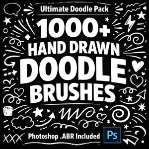 Pode incluir: Gráfico preto com texto e rabiscos brancos. O texto diz "Ultimate Doodle Pack" e "1000+ Hand Drawn Doodle Brushes". Inclui arquivo Photoshop .ABR. Elementos decorativos: estrelas, corações, setas e balões de fala.