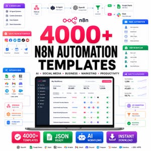 May include: A digital infographic displaying 4000+ n8n automation templates with a central laptop screen showing workflow dashboards. Surrounding elements include flowcharts for AI, social media, CRM, and email automation with various app icons.