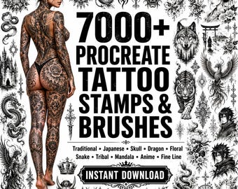 Paquete de más de 7000 sellos y pinceles para tatuajes de Procreate / Diseños de tatuajes japoneses, de calaveras, dragones, tribales, mandalas y anime / Paquete de láminas de diseños para tatuajes