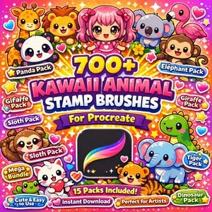 Pode incluir: Um gráfico de arte digital vibrante com inúmeras ilustrações de animais kawaii, incluindo um panda, um leão, um coala e um elefante. O texto central diz "700+ Kawaii Animal Stamp Brushes For Procreate", com texto indicando 15 pacotes incluídos. O design é colorido e divertido.