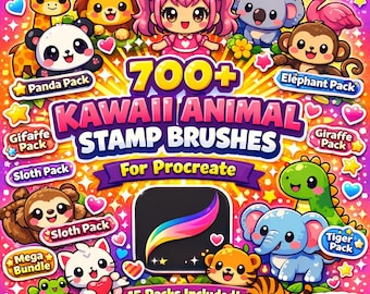 700+ Kawaii Animal Procreate Stamps Bundle | Cute Chibi Animal Brushes | 15 Brush Sets | Panda Lion Koala Stickers | iPad Procreate