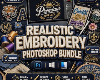 Embroidery Photoshop Actions Bundle | Embroidery Plugin, Embroidery Sticker Action, Patch Maker Action, Embroidery Set, Stitch Text Effect