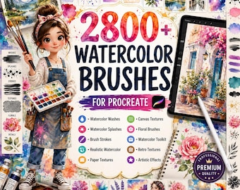 2800+ Watercolor Brushes for Procreate Bundle | Realistic Watercolor Brushset | Watercolor Washes, Splashes, Paper Textures, Canvas Texture
