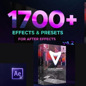 May include: A promotional image with the text "1700+ EFFECTS & PRESETS FOR AFTER EFFECTS" in vibrant pink and teal. A box labeled "VIDEO LIBRARY" is also visible, along with the After Effects logo and version number v4.2.