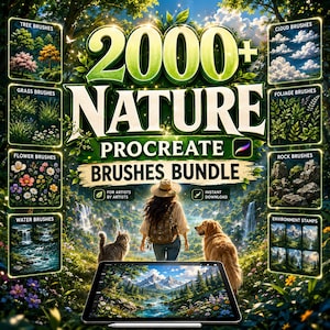 May include: A digital art bundle for Procreate with over 2000 nature brushes. The image features a woman with a cat and a dog, and a tablet displaying a landscape. Includes tree, grass, flower, water, cloud, foliage, rock, and environment stamp brushes.