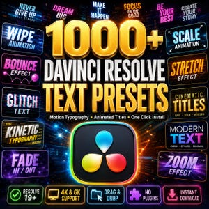 Puede incluir: Un gráfico digital con el texto 1000+ DAVINCI RESOLVE TEXT PRESETS en dorado y blanco. El texto circundante incluye WIPE ANIMATION, BOUNCE EFFECT, GLITCH TEXT, KINETIC TYPOGRAPHY, FADE IN/OUT, SCALE ANIMATION, STRETCH EFFECT, CINEMATIC TITLES, MODERN TEXT y ZOOM EFFECT.