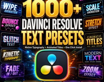 Pacchetto di oltre 1000 preset di testo per DaVinci Resolve / Pacchetto di tipografia animata / Titoli animati ed effetti di testo / Resolve 19+ / Download immediato