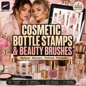 Könnte beinhalten: Werbung für Kosmetikflaschenstempel und Beauty-Pinsel. Das Bild zeigt ein Tablet mit verschiedenen Illustrationen von Schönheitsprodukten sowie echte Produkte wie Parfüm, Serum und Nagellack. Der Text lautet "Cosmetic Bottle Stamps & Beauty Brushes."