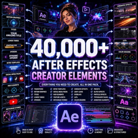 40,000+ After Effects Creator Elements Bundle | Motion Graphics, Transitions, Titles, Lower Thirds, LUTs, Presets, Openers, Social Media
