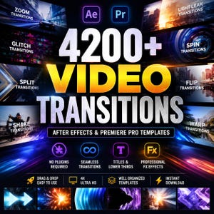 Puede incluir: Un gráfico digital para más de 4200 transiciones de video compatibles con After Effects y Premiere Pro. El texto muestra características que incluyen sin necesidad de plugins, transiciones fluidas, títulos, tercios inferiores y efectos FX profesionales.