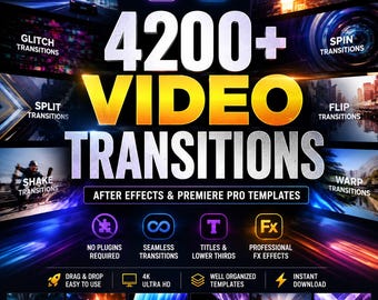 4200+ video-overgangenpakket | After Effects, Premiere Pro-sjablonen | Naadloze overgangen, titels en lagere derde delen | Geen plug-ins vereist